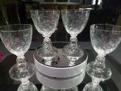 (4) Water Goblets 5-1/2″ Glass Rock Crystal cut, SIGNED St Louis swirl foot base
