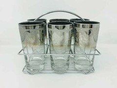 6 Queen Lusterware MidCentury Silver Fade Grapes Emboss Highball Glasses Carrier