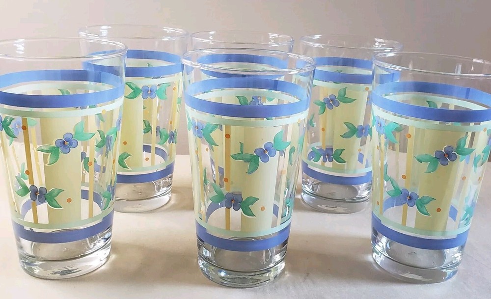 6 Pfaltzgraff Summer Breeze 16 Oz Tumblers Glasses Set Blue Flowers Yellow Green