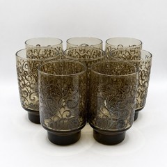 8 Vintage Libbey Prado Tawny Brown Raised Scroll Drinking Glasses Set