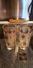 Vtg MCM Dominion Atomic Starburst Tumblers Glasses Frosted Gold ***