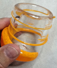 TUMBLER HAND BLOWN CLEAR W/ORANGE SWIRL 3.5″ HEAVY 10123B