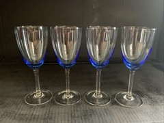 4 Cobalt Blue Wine Glass With Clear Stem. Blue Tint – Unknown Manufacturer.