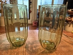 11 Vtg Green Juice Glasses Ribbed Optic Inner Ribbed Approx 3.5″ MCM. Beautiful