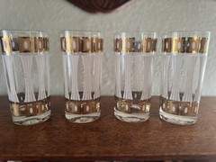 Four Fred Press Vintage Glassware White And Gold Burst/Column High Ball Glasses