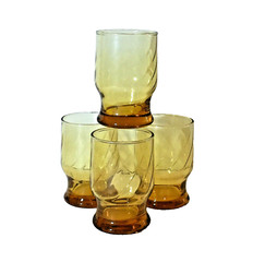 4 MCM Gold Optic Swirl Tumbler Drinking Glasses 4″ H Footed Amber Anchor Hocking