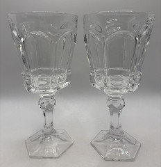 2 Vtg Fostoria Virginia Clear 8 Oz Claret Wine Glasses/Faceted Knob/Hexagon Base