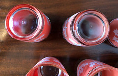 Vintage Set of 8 12-oz Hazel Atlas Coral & White Glasses, Maple Leaf w Caddy