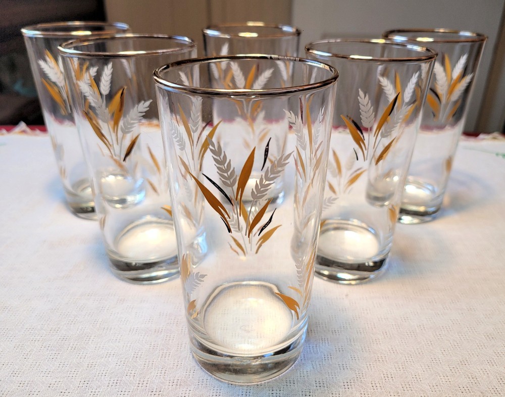 6 pc VINTAGE Libbey *WHEAT SPRAYS* 5.5″ Weighted GLASS Beverage TUMBLERS ~ 1982+