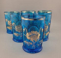 6 Antique Vintage Northwood Glass Blue Oriental Poppy Gold Tumblers 4 1/4″ Tall