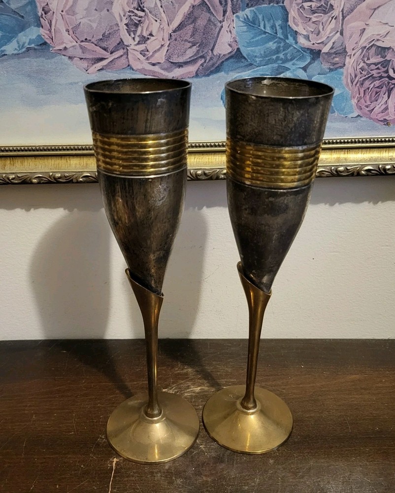 Vintage Brass And Silver-Plate Champagne Flutes Pair 9.5″