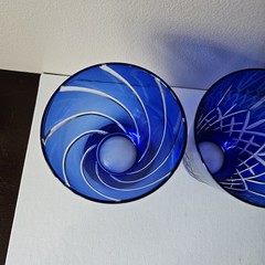 4 Cobalt Blue Cut To Clear Glasses Tumblers All Different Cut Patterns 4.75″