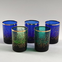 Five (5) Glass Tumblers Gold Leaf Design Cobalt Blue + Green 3 1/2″