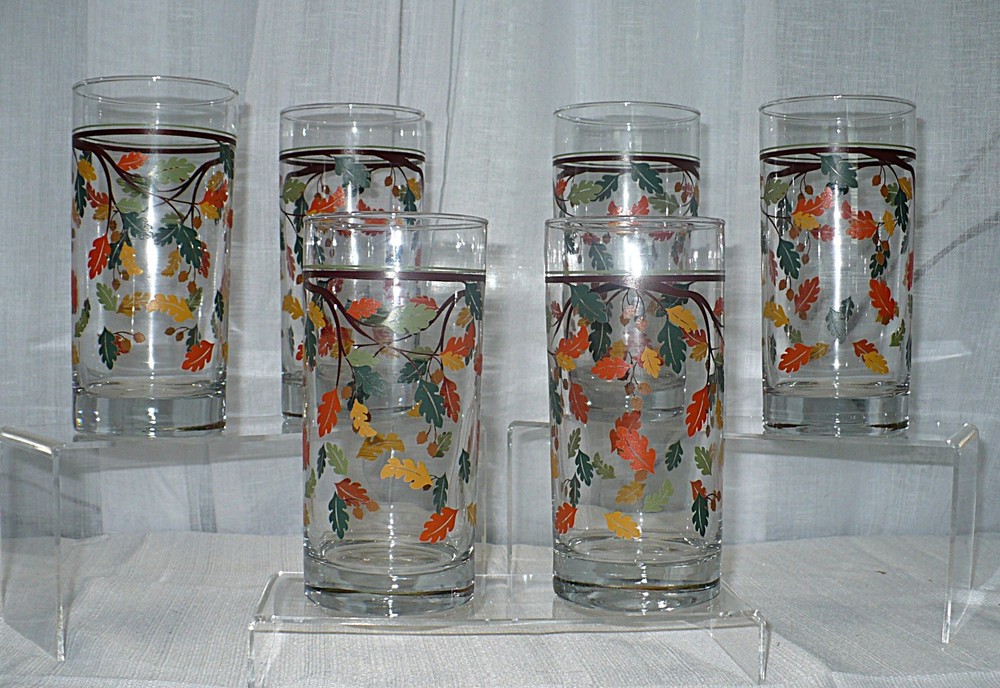 Vintage Set of 6 Libbey 14 oz Autum Fall Leaves Highball Drink Glasses 6″x2.75″