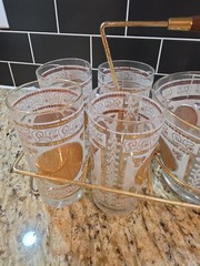 Vintage Midcentury MCM Aztec Gold Medallion Hazelware 10 Piece Bar Set Glass