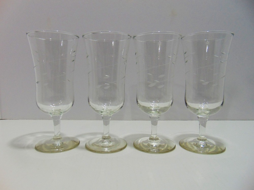 4 Libbey Interlude Parfait Glasses Smooth Stem Gray Cut Swirl Leaves 1968- (A)
