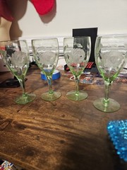 4 Vintage Uranium Depression Glass Floral Etched 7″ Goblets Glows!