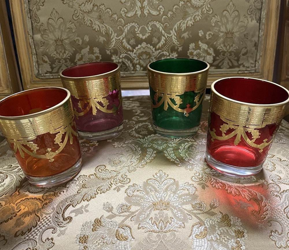 Multi Colored W/ Gilded Gold Whiskey Glasses Set Of 4: Red, Orange, Pink, Green