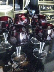 Vintage 4.9” Crystal Burgundy Hand Cut to Clear Burgundy Cordial Glass Set of 5