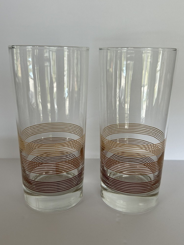 2 Vintage MCM Hombre Tan Brown Striped Water Tumblers High Ball Glasses Stripes