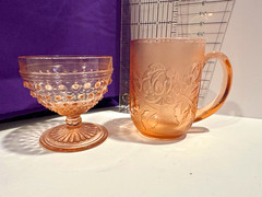 Pink depression Glass 2-Piece Set – Embossed Handled Mug & Pedestal Goblet