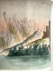 Antique Ceramic CupMug Hand Painted Scene of European Castles on River
