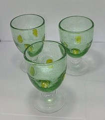 Set Of 3 Green Seeded Bubble Glass Goblets With Lemon Slices & Clear Ball Stem