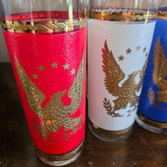 VINTAGE Libbey Safedge Glasses Red White Blue GOLD EAGLE Tom Collins w/Orig Box