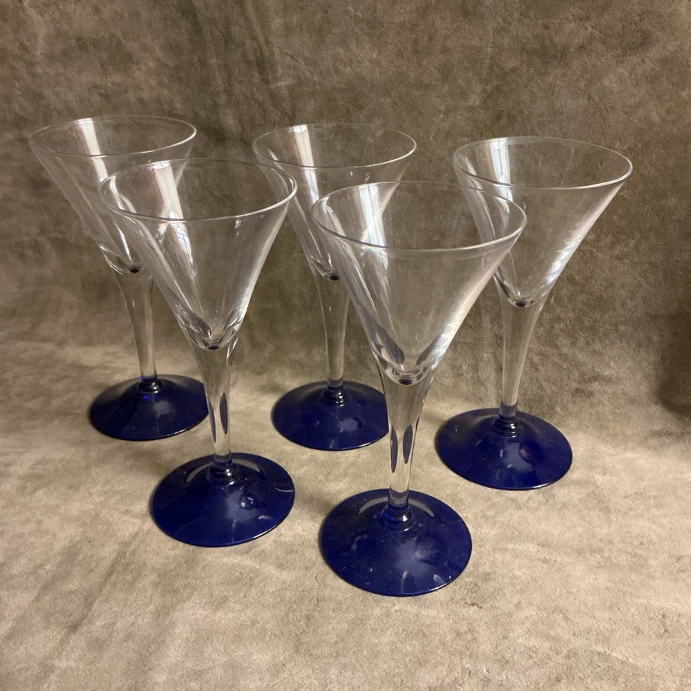 Vintage cobalt blue foot clear trumpet small wine cocktail Liqueur Stems (5)