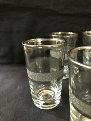 Beverage Glasses 5 Total Retro Silver Rim and Imprint Vintage Used