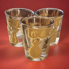 3 Culver Florentine Tropical Fruit Cocktail Shot Glasses Gold 4″ Tall VTG MCM