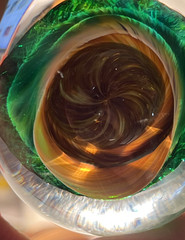 Vtg Hand Blown Art Glass Swirl Paperweight Emerald Green Amber Brown Cavern Orb