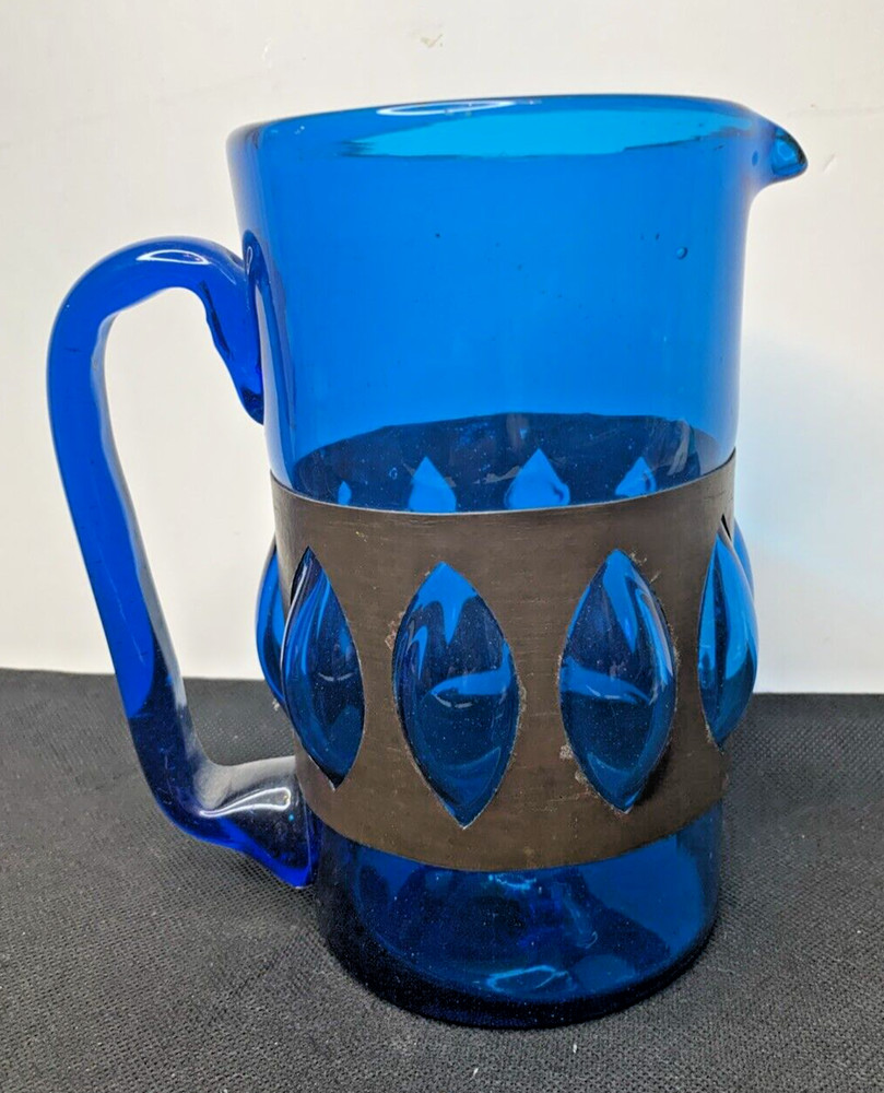 Large Felipe Derflinger Mexican Folk Art Blown Glass Cobalt Pitcher Caged MCM