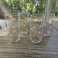 Vintage Pfaltzgraff Tea Rose Libbey Tumbler Drinking Glasses Pink Bands Set of 4