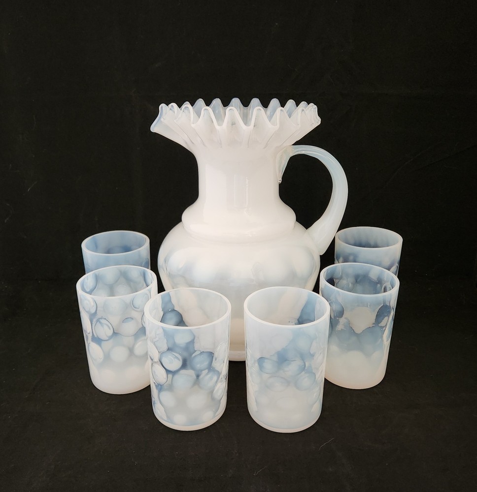 Fenton DOT OPTIC French Opalescent 9 3/4″ Crimped Rim Pitcher & 6 Tumblers