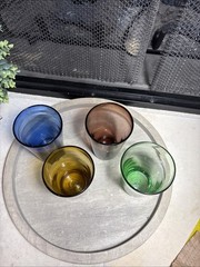 Set of 4 Hand Blown Mexican Art Drinking Glass Tumblers -Amber Blue Green Brown