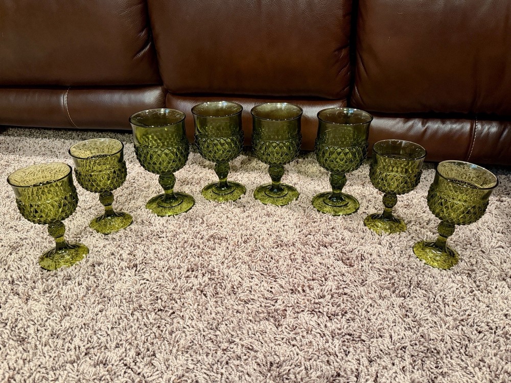 Vintage 1960s Indiana Glass 8 Green Diamond Cut Design Goblets- 4 Tall, 4 Short