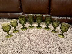 Vintage 1960s Indiana Glass 8 Green Diamond Cut Design Goblets- 4 Tall, 4 Short