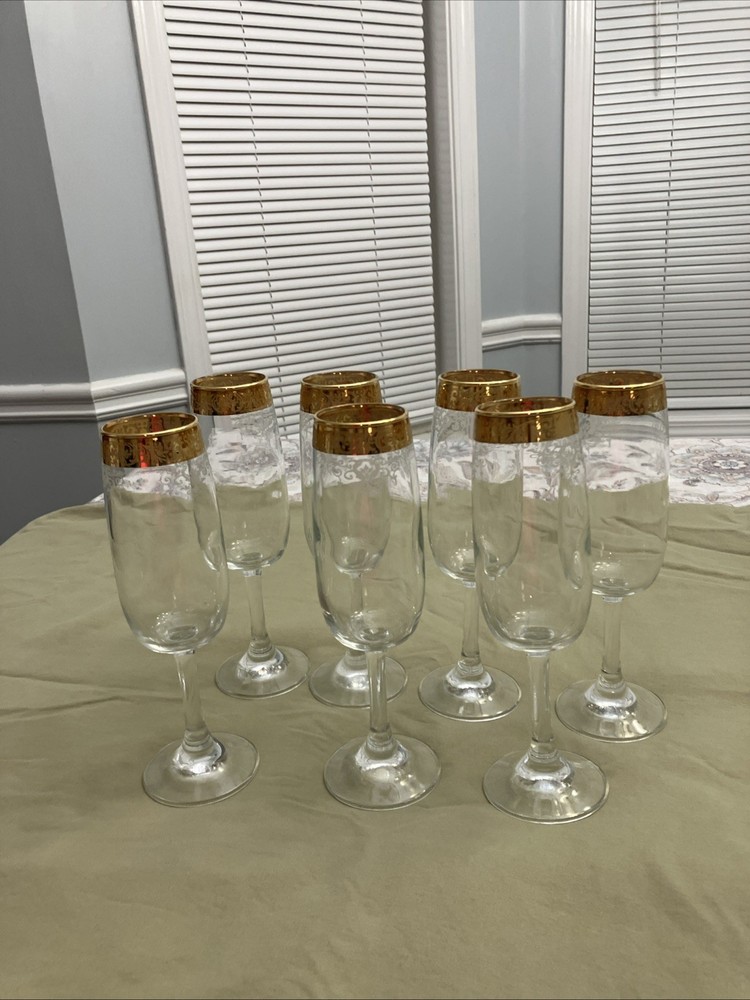 Set of 7 Cellini Crystal Stemware Flute Champagne Glasses 24 KT Gold Trim Italy.