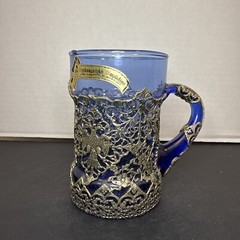 Blue Beer Mug Glass Stein Encased Silver Plate Greek Coat Of Arms Vintage 5”