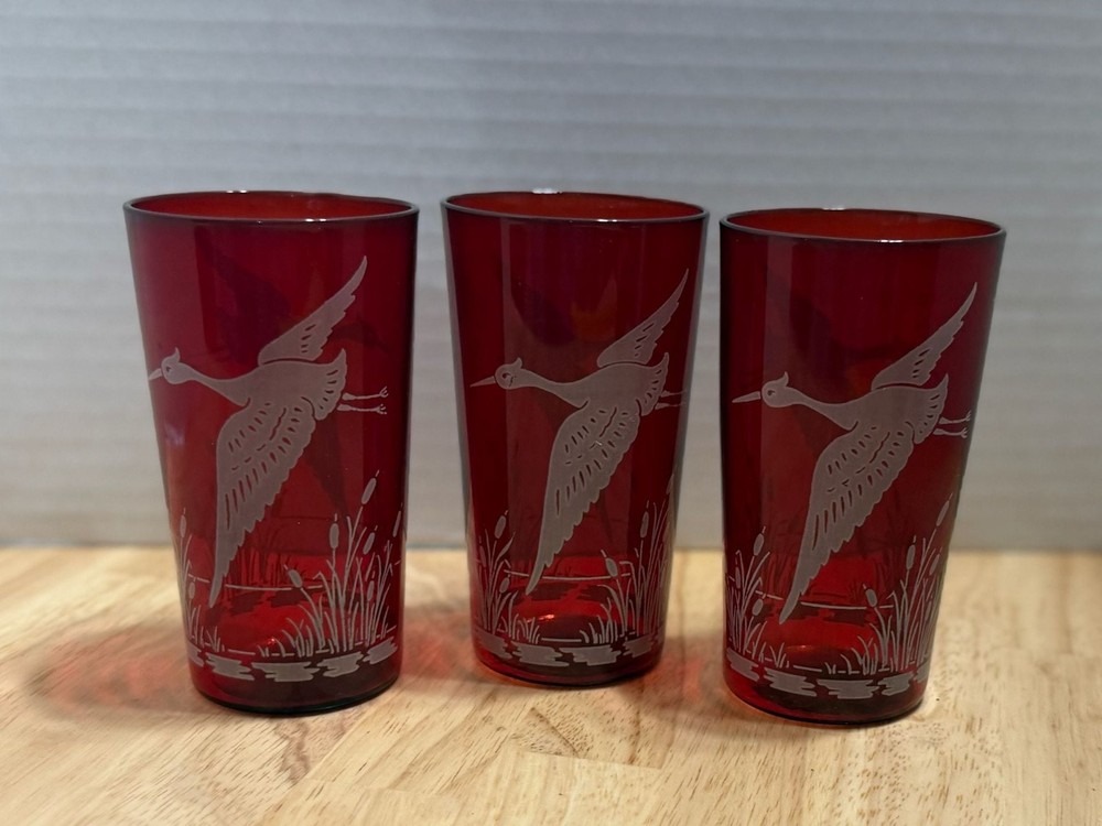 Set of 3 Vintage Anchor Hocking Royal Ruby Glass Tumblers w Etched Flying Crane
