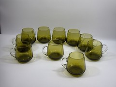 Set 10 Kumela Riihimaki Finland Olive Green Art Glass Mugs Sirkku Kumela MCM