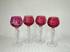 Lausitzer Cranberry Cut to Clear Crystal Cordial Glasses Grape/Leaf ~ Set of 4