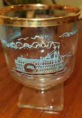 (8) Footed Libbey Southern Comfort Rocks Glasses Vintage Steamboat 22kt Gold