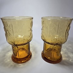 vtg set of 2 libbey amber glass country garden daisy flower 5” boho water tumble