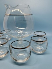 Set Of MCM Dorothy Thorpe Style Pitcher Decanter 6 Roly Poly Silver Trim Glasses