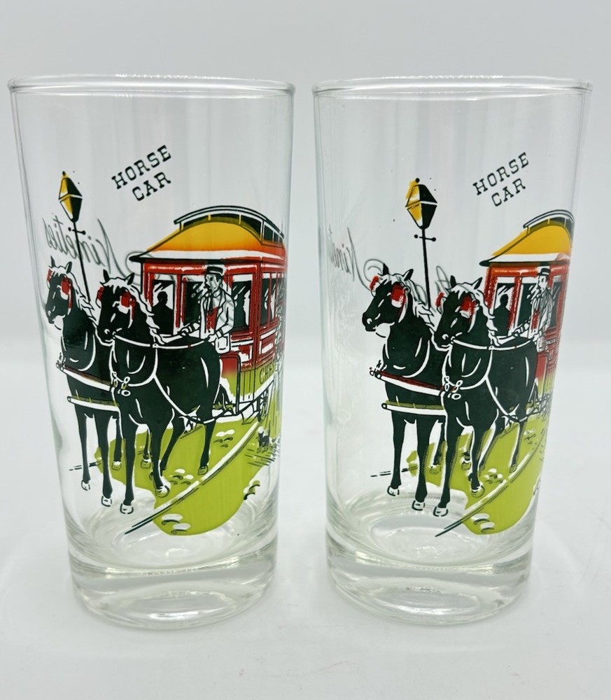 SET Of 2 Vintage Anchor Hocking ‘Gay Nineties’ Horse Car Drinking Glasses