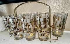 Lotus “Bon Appetite” Set Of 8 Glasses W/Carrier Fish Lobster MCM Vintage NOS