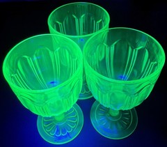 Uranium Glass Colonial Knife & Fork 6″ Tall Set Of 3 Goblets Depression Glows