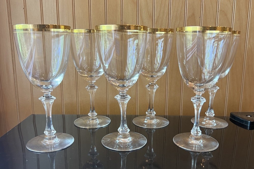 6 GOLD BRACELET TIFFIN FRANCISCAN CRYSTAL GOLD BAND WATER WINE GLASSES GOBLETS